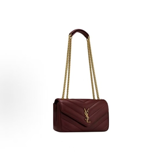 SAINT LAURENT YSL LOULOU distressed bronze metal accessories single-shoulder bag, small size for women in wine red
